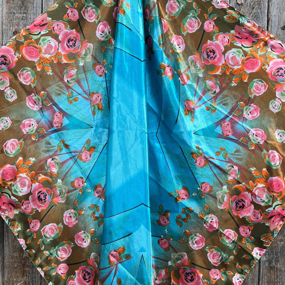Blue & Pink Roses Western Wild Rag Scarf - Picture 2 of 3